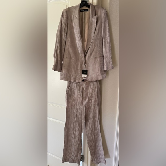 Zara Other - Zara metallic blazer & pants- silver, crinkle fabric